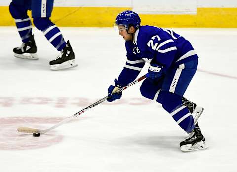 TORONTO, ON – MARCH 25: Jeremy Bracco #27 of the Toronto Marlies controls the puck against the Springfield Thunderbirds during AHL game action on March 25, 2018 at Ricoh Coliseum in Toronto, Ontario, Canada. (Photo by Graig Abel/Getty Images)