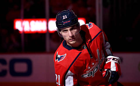 WASHINGTON, DC – JANUARY 07: Capitals right wing Garnet Hathaway (21) skates before the Ottawa Senators vs. Washington Capitals NHL game on January 7, 2020 at Capital One Arena in Washington, D.C.. (Photo by Randy Litzinger/Icon Sportswire via Getty Images)