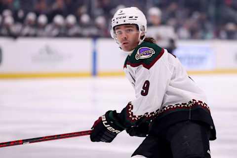 Clayton Keller #9 of the Arizona Coyotes skates against the Toronto Maple Leafs (Photo by Steph Chambers/Getty Images)