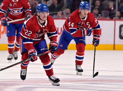 Oct 12, 2022; Montreal, Quebec, CAN; Montreal Canadiens Cole Caufield and Nick Suzuki. Mandatory Credit: Eric Bolte-USA TODAY Sports