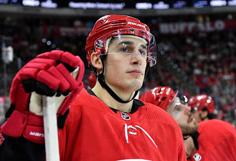 RALEIGH, NORTH CAROLINA – FEBRUARY 25: Brady Skjei #76 of the Carolina Hurricanes looks to the scoreboard during the second period against the Dallas Stars at PNC Arena on February 25, 2020 in Raleigh, North Carolina. (Photo by Grant Halverson/Getty Images)