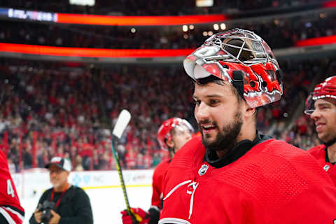 Carolina Hurricanes goaltender Petr Mrazek (34): (James Guillory-USA TODAY Sports)