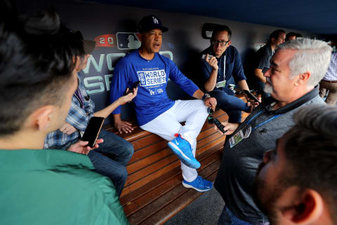 Roberts answers questions prior to Game Five of the World Series, and he’ll face more this offseason regarding his Fall Classic decisions. Photo by Alex Trautwig/MLB Photos via Getty Images.