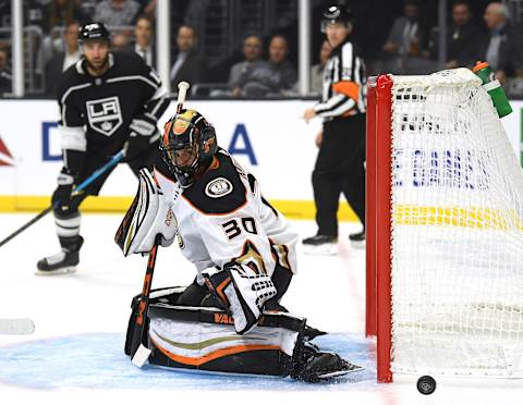 LOS ANGELES, CALIFORNIA – SEPTEMBER 23: Ryan Miller #30 of the Anaheim Ducks makes a save during a preseason game against the Los Angeles Kings at Staples Center on September 23, 2019 in Los Angeles, California. (Photo by Harry How/Getty Images)