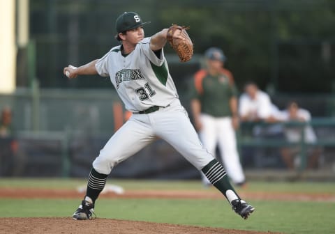 11 March 2015: Stetson University right-handed pitcher Griffin Fuller (31) pitch against the University of Miami at Alex Rodriguez Park at Mark Light Field, Coral Gables, Florida, in Miami’s 7-0 victory. (Photo by Richard C. Lewis/Icon Sportswire/Corbis via Getty Images)