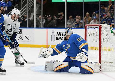 ST. LOUIS, MO – APRIL 06: St. Louis Blues goalie Jordan Binnington (50) reacts after giving up the tying goal in the third period during a NHL game between the Vancouver Canucks and the St. Louis Blues on April 06, 2019, at Enterprise Center, St. Louis, Mo. (Photo by Keith Gillett/Icon Sportswire via Getty Images)