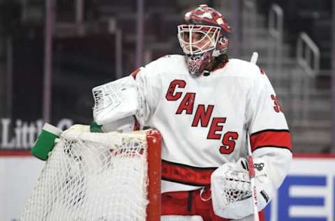 Mar 14, 2021; Detroit, Michigan, USA; Carolina Hurricanes goaltender Alex Nedeljkovic (39) during the second period against the Detroit Red Wings at Little Caesars Arena. Mandatory Credit: Tim Fuller-USA TODAY Sports