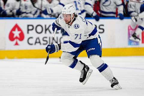 Apr 18, 2023; Toronto, Ontario, CAN; Tampa Bay Lightning forward Anthony Cirelli (71) skates against the Toronto Maple Leafs during game one of the first round of the 2023 Stanley Cup Playoffs at Scotiabank Arena. Mandatory Credit: John E. Sokolowski-USA TODAY Sports