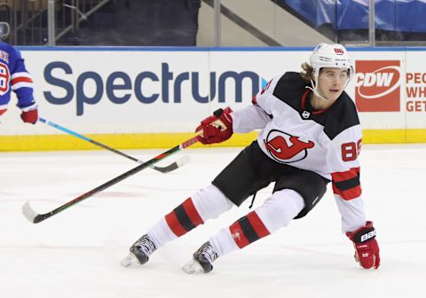 Jack Hughes #86 of the New Jersey Devils. (Photo by Bruce Bennett/Getty Images)