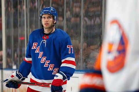 NEW YORK, NY – JANUARY 21: Tony DeAngelo #77 of the New York Rangers looks on against the New York Islanders at Madison Square Garden on January 21, 2020 in New York City. (Photo by Jared Silber/NHLI via Getty Images)