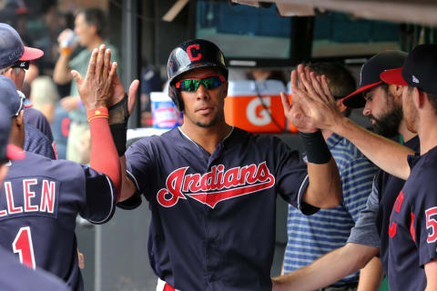 CLEVELAND, OH – AUGUST 30: Cleveland Indians left fielder Michael Brantley (23) is congratulated by teammates in the dugout after scoring a run during the fourth inning of the Major League Baseball game between the Minnesota Twins and Cleveland Indians on August 30, 2018, at Progressive Field in Cleveland, OH. Cleveland defeated Minnesota 5-3. (Photo by Frank Jansky/Icon Sportswire via Getty Images)