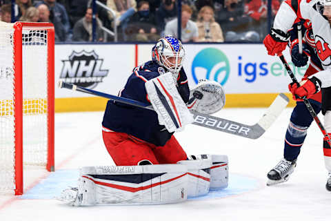 Jan 8, 2022; Columbus, Ohio, USA; Columbus Blue Jackets goaltender Joonas Korpisalo (70) makes a pad save in net against the New Jersey Devils in the first period at Nationwide Arena. Mandatory Credit: Aaron Doster-USA TODAY Sports