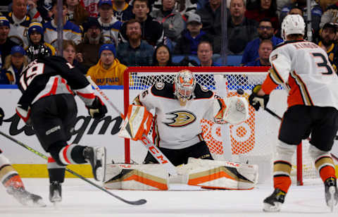 Jan 21, 2023; Buffalo, New York, USA; Buffalo Sabres center Peyton Krebs (19) scores a goal on Anaheim Ducks goaltender John Gibson (36) during the third period at KeyBank Center. Mandatory Credit: Timothy T. Ludwig-USA TODAY Sports