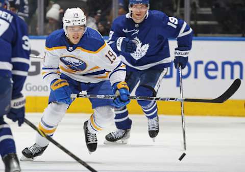 TORONTO, CANADA – MARCH 13: Peyton Krebs #19 of the Buffalo Sabres skates against the Toronto Maple Leafs during an NHL game at Scotiabank Arena on March 13, 2023 in Toronto, Ontario, Canada. The Sabres defeated the Maple Leafs 4-3. (Photo by Claus Andersen/Getty Images)