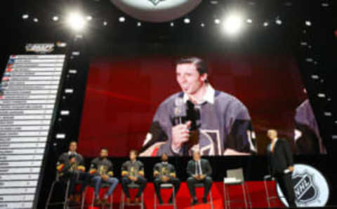 LAS VEGAS, NV – JUNE 21: (L-R) Marc-Andre Fleury, Deryk Engelland, Brayden McNabb and Jason Garrison address the crowd during the 2017 NHL Expansion Draft Roundtable at T-Mobile Arena on June 21, 2017 in Las Vegas, Nevada. (Photo by Bruce Bennett/Getty Images)