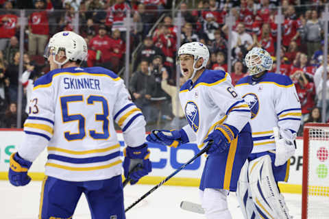 Oct 27, 2023; Newark, New Jersey, USA; Buffalo Sabres defenseman Erik Johnson (6) reacts after a call during the third period against the New Jersey Devils at Prudential Center. Mandatory Credit: Vincent Carchietta-USA TODAY Sports