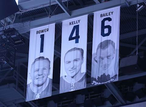 Nov 25, 2017; Toronto, Ontario, CAN; The honored numbers of former Toronto Maple Leafs players Johnny Bower (1) and Red Kelly (4) and Ace Bailey (6)  . Mandatory Credit: Tom Szczerbowski-USA TODAY Sports