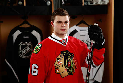 BUFFALO, NY – JUNE 25: Alexander Debrincat poses for a portrait after being selected 39th overall by the Chicago Blackhawks during the 2016 NHL Draft at First Niagara Center on June 25, 2016 in Buffalo, New York. (Photo by Jeff Vinnick/NHLI via Getty Images)