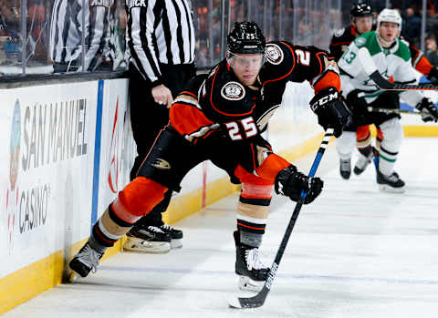 ANAHEIM, CA – DECEMBER 12: Ondrej Kase #25 of the Anaheim Ducks skates with the puck during the third period of the game against the Dallas Stars at Honda Center on December 12, 2018 in Anaheim, California. (Photo by Debora Robinson/NHLI via Getty Images)