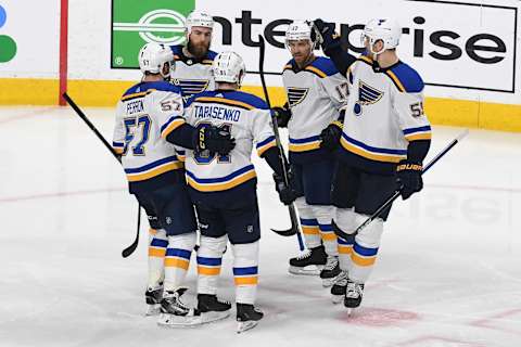 SAN JOSE, CALIFORNIA – MAY 19: Jaden Schwartz #17 of the St. Louis Blues celebrates with Colton Parayko #55, Vladimir Tarasenko #91, Ryan O’Reilly #90 and David Perron #57 after his second goal against the San Jose Sharks in Game Five of the Western Conference Final during the 2019 NHL Stanley Cup Playoffs at SAP Center on May 19, 2019 in San Jose, California. (Photo by Thearon W. Henderson/Getty Images)