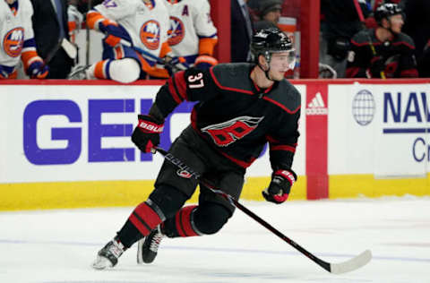 RALEIGH, NC – MAY 03: Andrei Svechnikov #37 of the Carolina Hurricanes skates for position on the ice in Game Four of the Eastern Conference Second Round against the New York Islanders during the 2019 NHL Stanley Cup Playoffs on May 3, 2019 at PNC Arena in Raleigh, North Carolina. (Photo by Gregg Forwerck/NHLI via Getty Images)