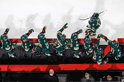 SAINT PAUL, MN – FEBRUARY 11: The Minnesota Wild celebrate a goal against the Vegas Golden Knights during the game at the Xcel Energy Center on February 11, 2019 in Saint Paul, Minnesota. (Photo by Bruce Kluckhohn/NHLI via Getty Images)