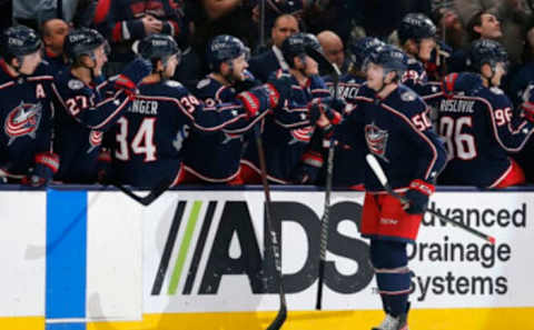 Apr 7, 2022; Columbus, Ohio, USA; Columbus Blue Jackets left wing Eric Robinson (50) celebrates a goal against the Philadelphia Flyers during the first period at Nationwide Arena. Mandatory Credit: Russell LaBounty-USA TODAY Sports