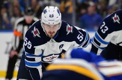 ST. LOUIS, MO – APRIL 20: Winnipeg Jets center Mark Scheifele (55) gets ready to take a face-off during a first-round Stanley Cup Playoffs game between the Winnipeg Jets and the St. Louis Blues, on April 20, 2019, at Enterprise Center, St. Louis, Mo. (Photo by Keith Gillett/Icon Sportswire via Getty Images)