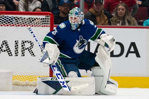 Goalie Thatcher Demko #35 of the Vancouver Canucks. (Photo by Rich Lam/Getty Images)