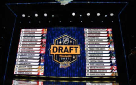 Jun 28, 2023; Nashville, Tennessee, USA; The draft board after round one of the 2023 NHL Draft at Bridgestone Arena. Mandatory Credit: Christopher Hanewinckel-USA TODAY Sports