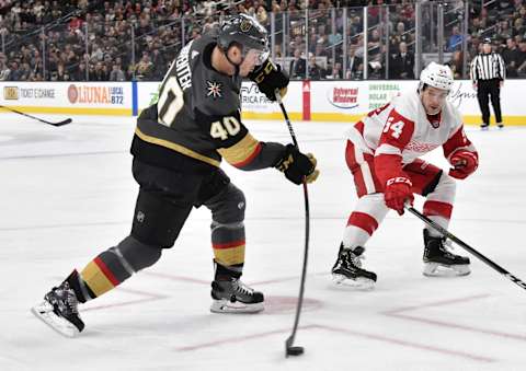 LAS VEGAS, NV – MARCH 23: Ryan Carpenter #40 of the Vegas Golden Knights shoots the puck during the third period against the Detroit Red Wings at T-Mobile Arena on March 23, 2019 in Las Vegas, Nevada. (Photo by David Becker/NHLI via Getty Images)