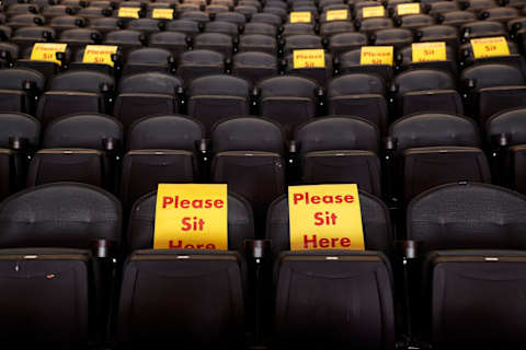 PHILADELPHIA, PENNSYLVANIA – MARCH 07: Seats are marked for fans before a game between the Philadelphia Flyers and the Washington Capitals at Wells Fargo Center on March 07, 2021 in Philadelphia, Pennsylvania. Fans will be allowed at the arena for the first time in 362 days. (Photo by Tim Nwachukwu/Getty Images)