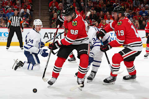 CHICAGO, IL – NOVEMBER 10: Patrick Kane #88 of the Chicago Blackhawks approaches the puck in the third period against the Toronto Maple Leafs at the United Center on November 10, 2019 in Chicago, Illinois. (Photo by Chase Agnello-Dean/NHLI via Getty Images)