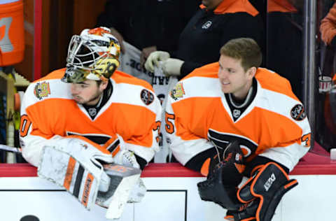 NHL Power Rankings: Philadelphia Flyers goalie Michal Neuvirth (30) and goalie Steve Mason (35) on the bench late in the third period against the St. Louis Blues during the third period at Wells Fargo Center. The Blues defeated the Flyers, 2-0. Mandatory Credit: Eric Hartline-USA TODAY Sports