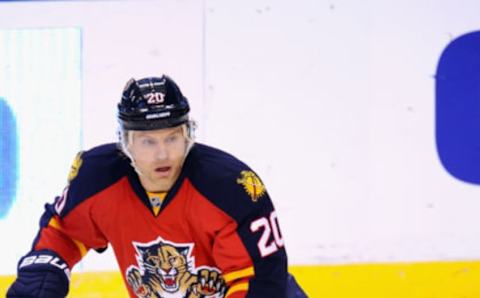 SUNRISE, FL – OCTOBER 30: Sean Bergenheim #20 of the Florida Panthers plays in the game against the Arizona Coyotes at BB&T Center on October 30, 2014 in Sunrise, Florida. (Photo by Steve Babineau/NHLI via Getty Images)