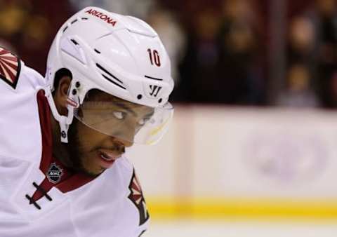 Nov 17, 2016; Vancouver, British Columbia, CAN; Arizona Coyotes forward Anthony Duclair (10) warms up against the Vancouver Canucks during the first period at Rogers Arena. The Vancouver Canucks won in overtime 3-2. Mandatory Credit: Anne-Marie Sorvin-USA TODAY Sports