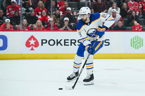 Apr 6, 2023; Detroit, Michigan, USA; Buffalo Sabres right wing Alex Tuch (89) scores a goal during a shootout against the Detroit Red Wings at Little Caesars Arena. Mandatory Credit: Tim Fuller-USA TODAY Sports