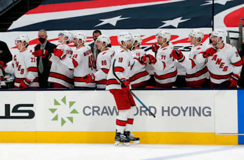 Feb 7, 2021; Columbus, Ohio, USA; Carolina Hurricanes defenseman Dougie Hamilton (19) celebrates a goal against the Columbus Blue Jackets during the third period at Nationwide Arena. Mandatory Credit: Russell LaBounty-USA TODAY Sports