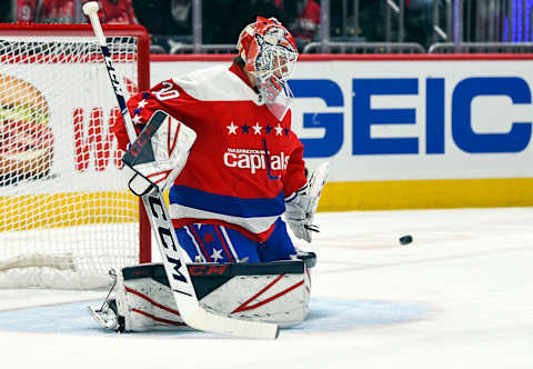 WASHINGTON, DC – JANUARY 16: Washington Capitals goaltender Ilya Samsonov (30) makes a second period save against the New Jersey Devils on January 16, 2020 at the Capital One Arena in Washington, D.C. (Photo by Mark Goldman/Icon Sportswire via Getty Images)