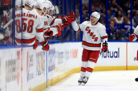 TAMPA, FLORIDA – JUNE 05: Jesper Fast #71 of the Carolina Hurricanes celebrates a second-period goal during Game Four of the Second Round of the 2021 Stanley Cup Playoffs against the Tampa Bay Lightning at Amalie Arena on June 05, 2021, in Tampa, Florida. (Photo by Mike Ehrmann/Getty Images)