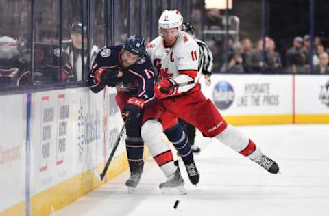 COLUMBUS, OH – JANUARY 16: Jordan Staal #11 of the Carolina Hurricanes checks Kevin Stenlund #11 of the Columbus Blue Jackets off the puck during the third period of a game on January 16, 2020 at Nationwide Arena in Columbus, Ohio. (Photo by Jamie Sabau/NHLI via Getty Images)