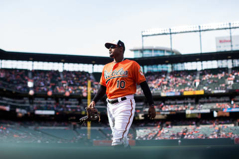 BALTIMORE, MD – APRIL 21: Adam Jones #10 of the Baltimore Orioles looks on during the game against the Cleveland Indians at Oriole Park at Camden Yards on Saturday, April 21, 2018 in Baltimore, Maryland (Photo by Rob Tringali/SportsChrome/Getty Images) *** Local Caption *** Craig Gentry