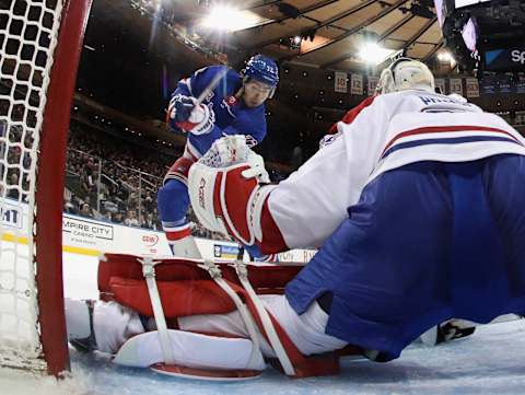 NEW YORK, NEW YORK – DECEMBER 06: Filip Chytil #72 of the New York Rangers is stopped by Carey Price #31 of the Montreal Canadiens during the second period at Madison Square Garden on December 06, 2019 in New York City. (Photo by Bruce Bennett/Getty Images)