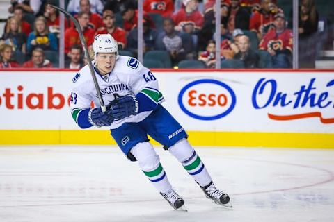 Sep 25, 2015; Calgary, Alberta, CAN; Vancouver Canucks center Hunter Shinkaruk (48) skates against the Calgary Flames during the second period at Scotiabank Saddledome. Mandatory Credit: Sergei Belski-USA TODAY Sports