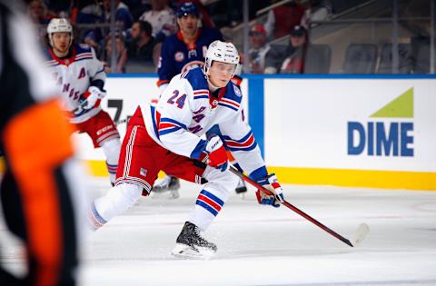 ELMONT, NEW YORK – NOVEMBER 24: Kaapo Kakko #24 of the New York Rangers skates against the New York Islanders at the UBS Arena on November 24, 2021 in Elmont, New York. (Photo by Bruce Bennett/Getty Images)