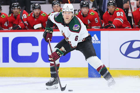 CHICAGO, ILLINOIS – FEBRUARY 10: Jakob Chychrun #6 of the Arizona Coyotes skates with the puck against the Chicago Blackhawks during the first period at United Center on February 10, 2023 in Chicago, Illinois. (Photo by Michael Reaves/Getty Images)