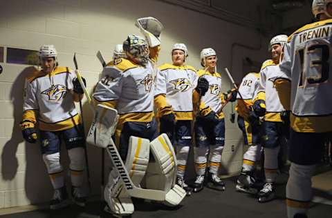 NEW YORK, NEW YORK - MARCH 19: Kevin Lankinen #32 and the Nashville Predators get ready for warm-ups prior to the game against the New York Rangers at Madison Square Garden on March 19, 2023 in New York City. (Photo by Bruce Bennett/Getty Images)