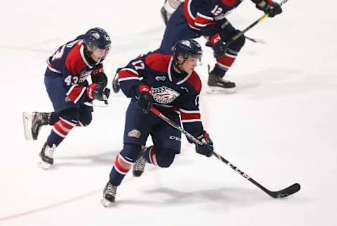 OSHAWA, ON – OCTOBER 06: Josh Bloom #17 of the Saginaw Spirit skates with the puck during an OHL game against the Oshawa Generals at the Tribute Communities Centre on October 6, 2019 in Oshawa, Ontario, Canada. (Photo by Chris Tanouye/Getty Images)