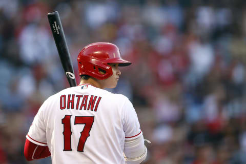 ANAHEIM, CALIFORNIA – AUGUST 28: Shohei Ohtani #17 of the Los Angeles Angels leads at bat during a game against the San Diego Padres at Angel Stadium of Anaheim on August 28, 2021 in Anaheim, California. (Photo by Sean M. Haffey/Getty Images)