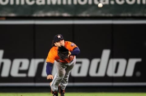 September 30, 2016; Anaheim, CA, USA; Houston Astros center fielder Jake Marisnick (6) catches a fly ball in the eighth inning against the Los Angeles Angels at Angel Stadium of Anaheim. Mandatory Credit: Gary A. Vasquez-USA TODAY Sports